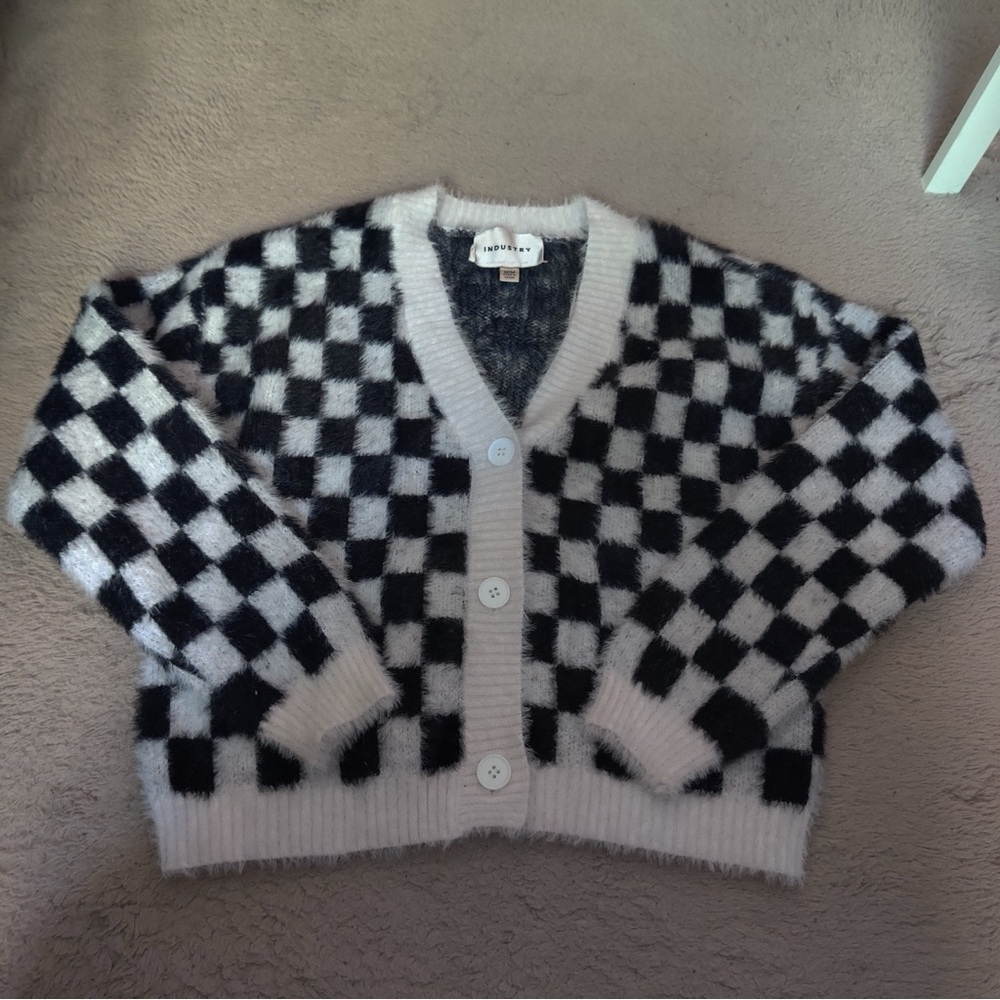 Industry Republic Clothing Checkered Black and White Cardigan Fuzzy V neck